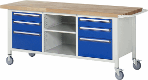 Fahrbare Werkbank Modell 8564, B 2000xT 700xH 880-1080mm, Buche-Massiv-Platte 40mm