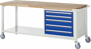 Fahrbare Werkbank Modell 8271, B 2000xT 700xH 880-1080mm, Buche-Massiv-Platte 40mm
