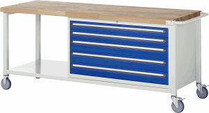 Fahrbare Werkbank Modell 8371, B 2000xT 700xH 880-1080mm, Buche-Massiv-Platte 40mm