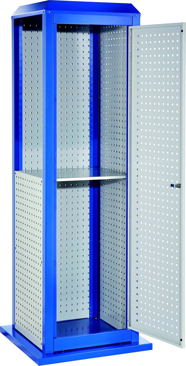 Tooltower, 2015x700x700 mm HxBxT, mit je 2 aussen-/innenliegende Lochplatten und 1 Lochplattentüre, ganze Höhe, mit 1 aussenliegenden Lochplatte halbe Höhe, 1 Fachboden