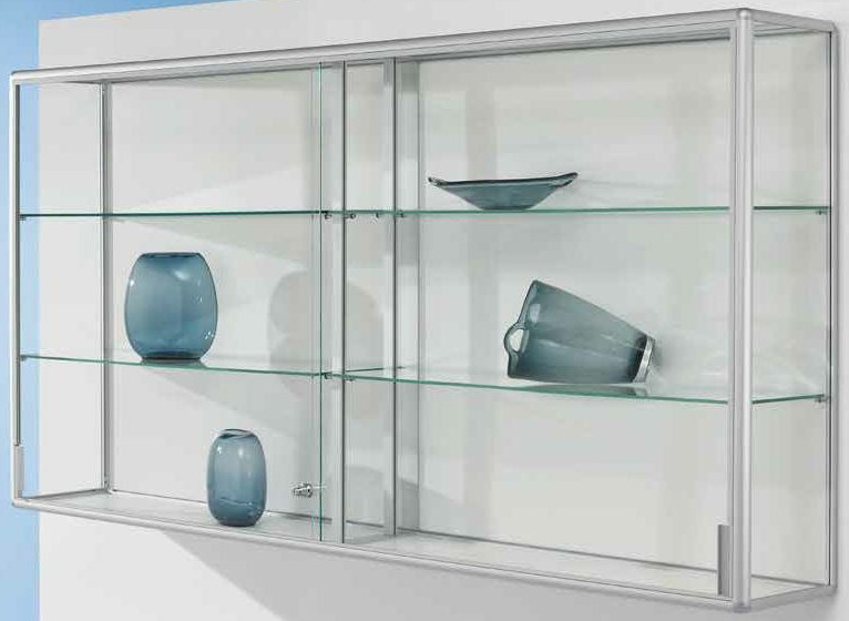 Wandvitrine 800x1000x200 mm HxBxT mit 4-seitiger ESG-Verglasung, eckige Profile