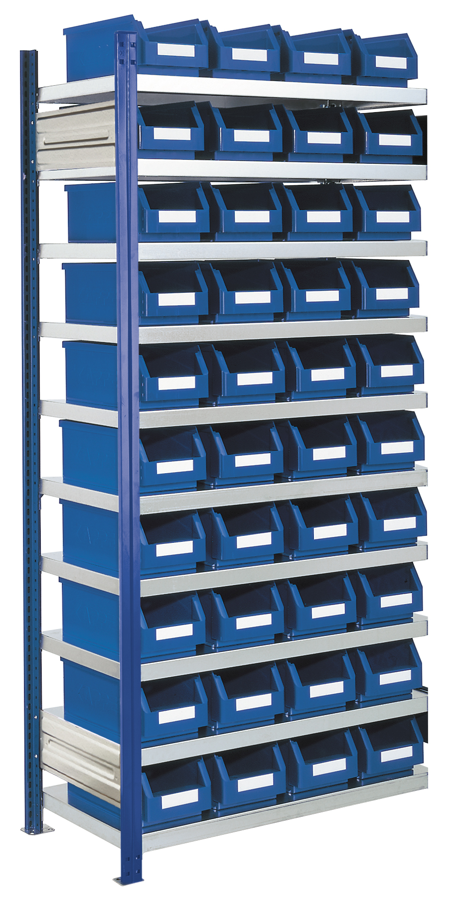 Sichtlagerkästen-Anbauregal, Modell 13, Profile RAL 5010 enzianblau