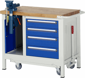 Werkbank mit absenkbarem Fahrgestell Modell 8185, B 1000xT 700xH 880mm, Buche-Massiv-Platte 40mm