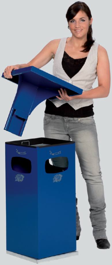 Abfallbehälter/Ascher enzianblau RAL 5010, Modell B42 mit Dach
