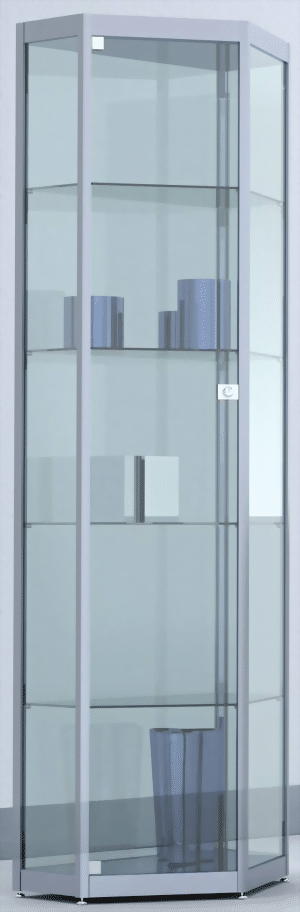 Spitzeckvitrine mit Drehtüre 1820x620x410 mm HxBxT mit 4-seitiger ESG-Verglasung, eckige Profile, Bodenplatte silber
