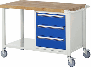 Fahrbare Werkbank Modell 8157, B 1250xT 700xH 880-1080mm, Buche-Massiv-Platte 40mm