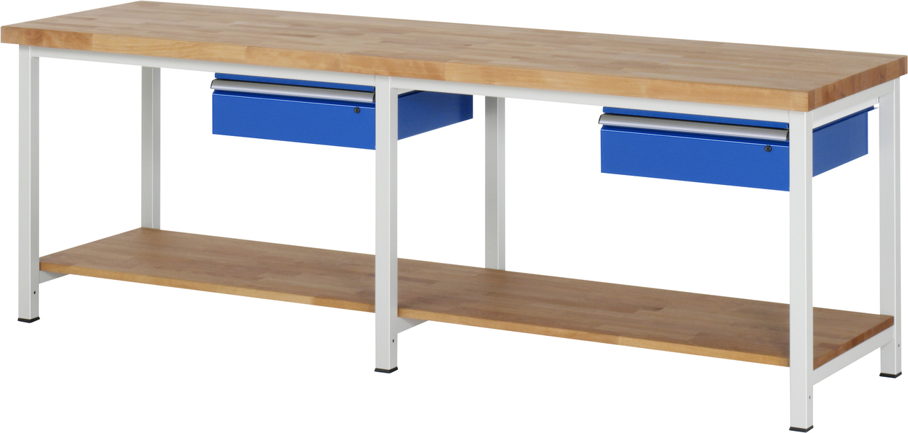 Werkbank fixe Höhe, B 2500xT 700xH 840mm, Buche-Massiv-Platte 40mm