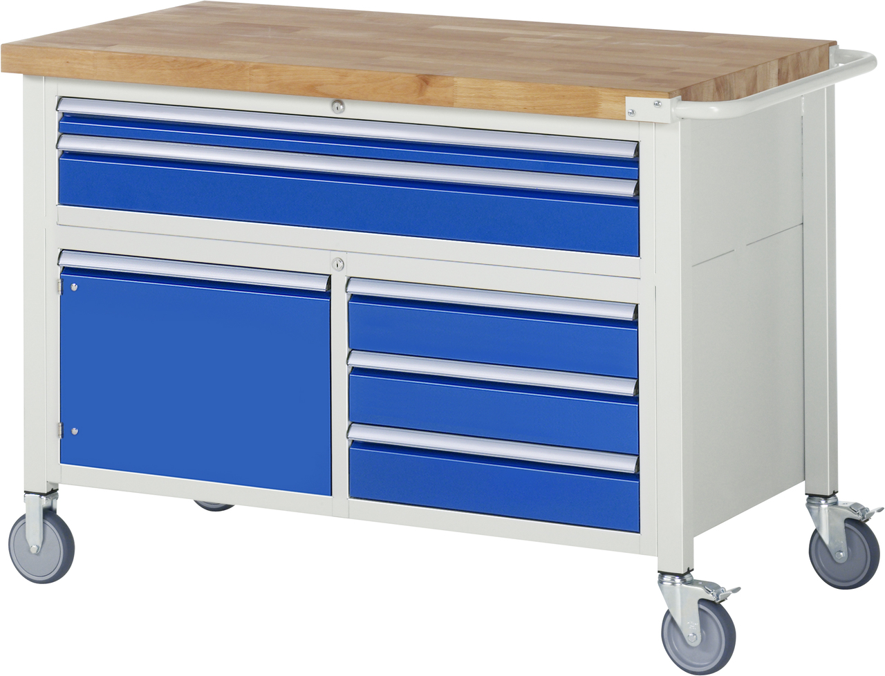 Fahrbare Werkbank Modell 8922, B 1250xT 700xH 880-1080mm, Buche-Massiv-Platte 40mm