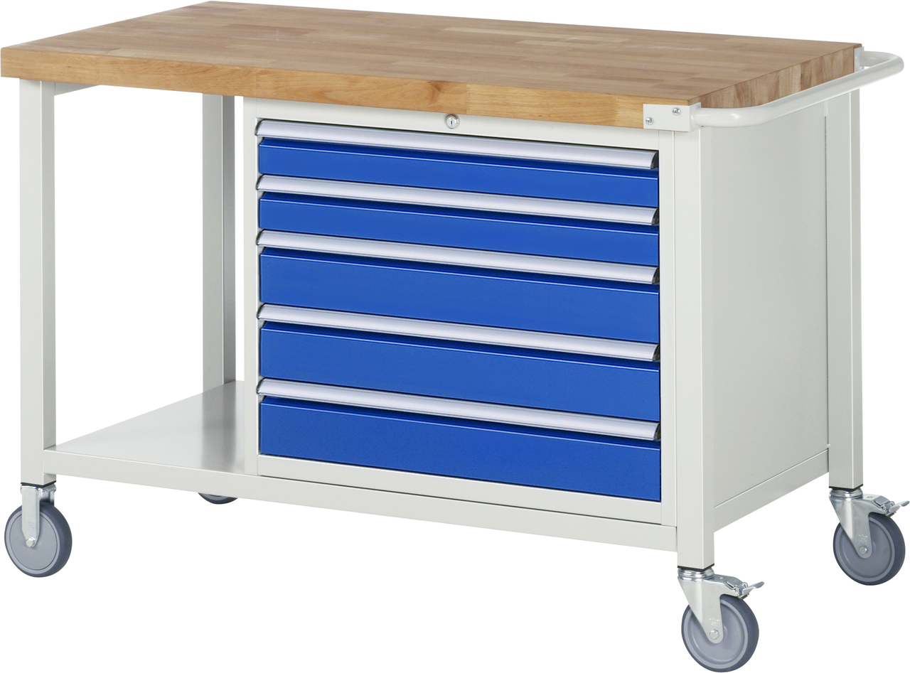 Fahrbare Werkbank Modell 8271, B 1250xT 700xH 880-1080mm, Buche-Massiv-Platte 40mm