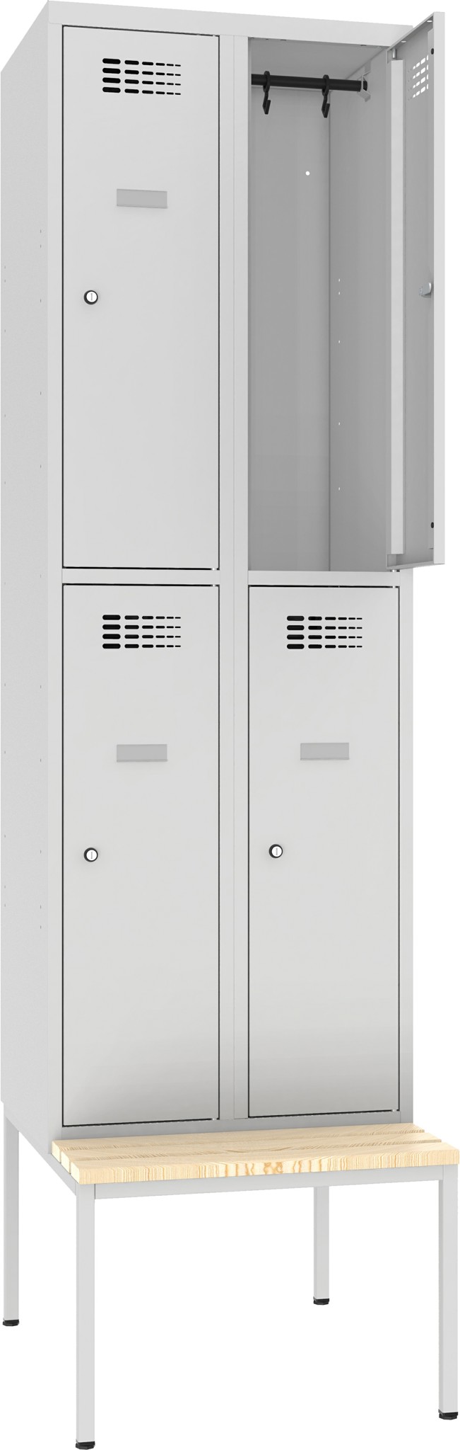 Garderobenschrank Breite 600 mm, 2 Abteile auf untergebauter Sitzbank