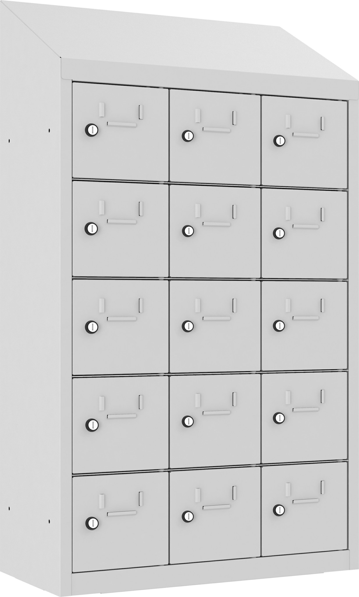 Wandschliessfachschrank mit Schrägdach SUS 235W, 620 mm, 3 Abteil mit 5 Fächer übereinander, Total 15 Fächer