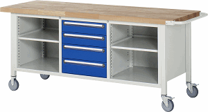 Fahrbare Werkbank Modell 8566, B 2000xT 700xH 880-1080mm, Buche-Massiv-Platte 40mm