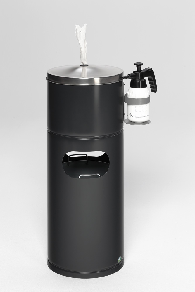 Desinfektionsstation für Papiertücher mit Flaschenhalter und Inneneinsatz, Edelstahl