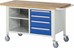 Fahrbare Werkbank Modell 8463, B 1500xT 700xH 880-1080mm, Buche-Massiv-Platte 40mm