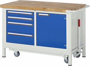 Werkbank mit absenkbarem Fahrgestell Modell 8470, B 1250xT 700xH 880mm, Buche-Massiv-Platte 40mm