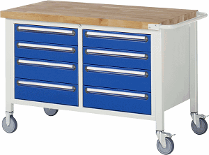 Fahrbare Werkbank Modell 8477, B 1250xT 700xH 880-1080mm, Buche-Massiv-Platte 40mm