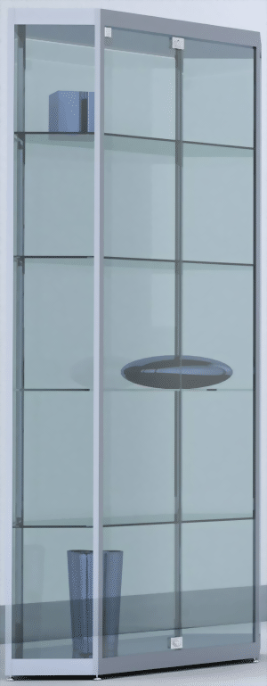 6-Eckvitrine mit Drehtüre 1820x1000x370 mm HxBxT mit 6-seitiger ESG-Verglasung, eckige Profile, Bodenplatte silber
