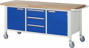 Fahrbare Werkbank Modell 8569, B 2000xT 700xH 880mm, Buche-Massiv-Platte 40mm
